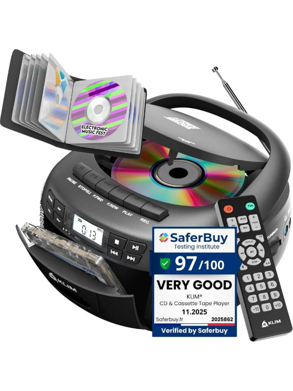 Bluetooth CD & Cassette Player Boombox, AM/FM Radio, Stereo Sound, Remote, USB